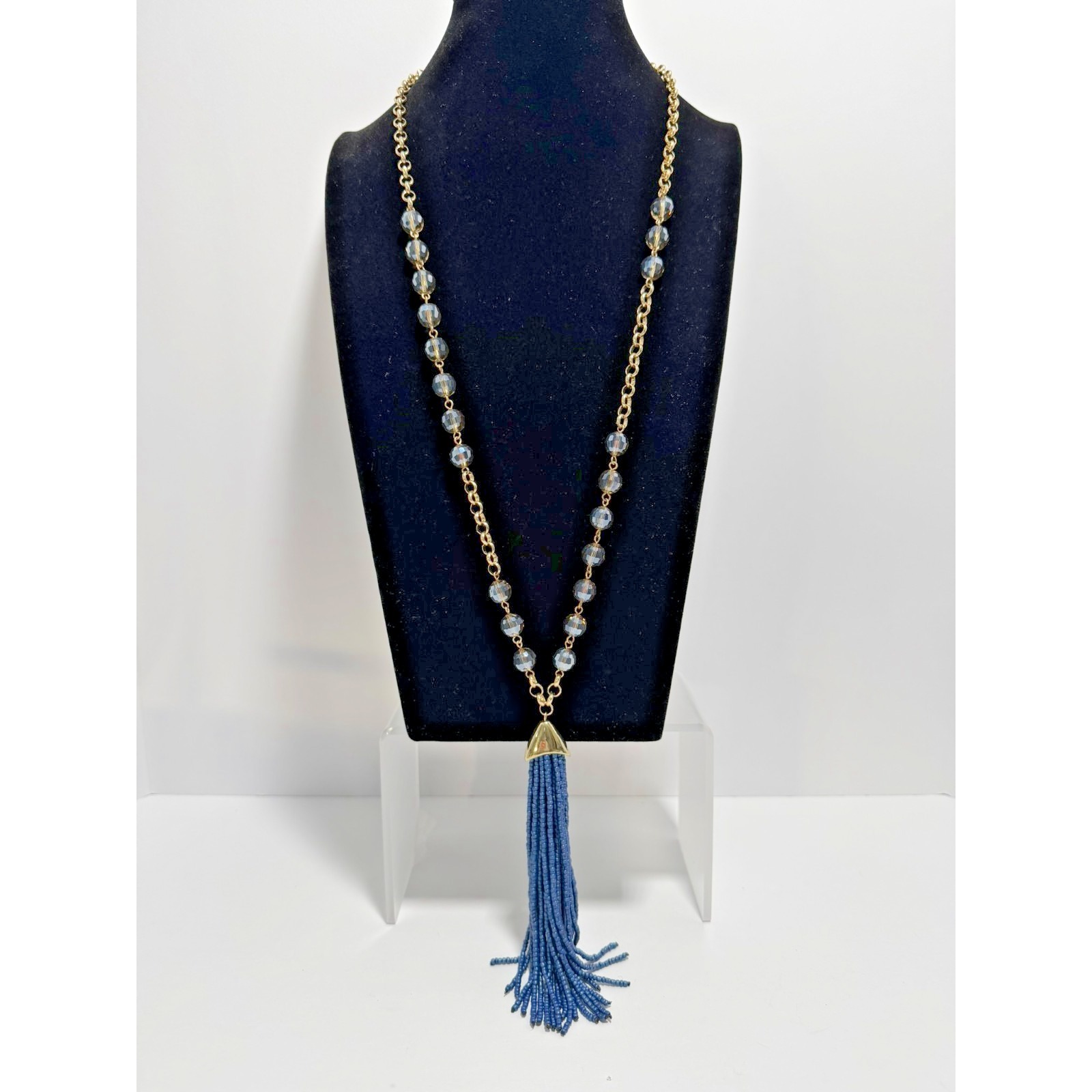 Weingeroff P.P. Sample Nwt Geometric Crystal Bead Long Tassel Necklace Gold Tone